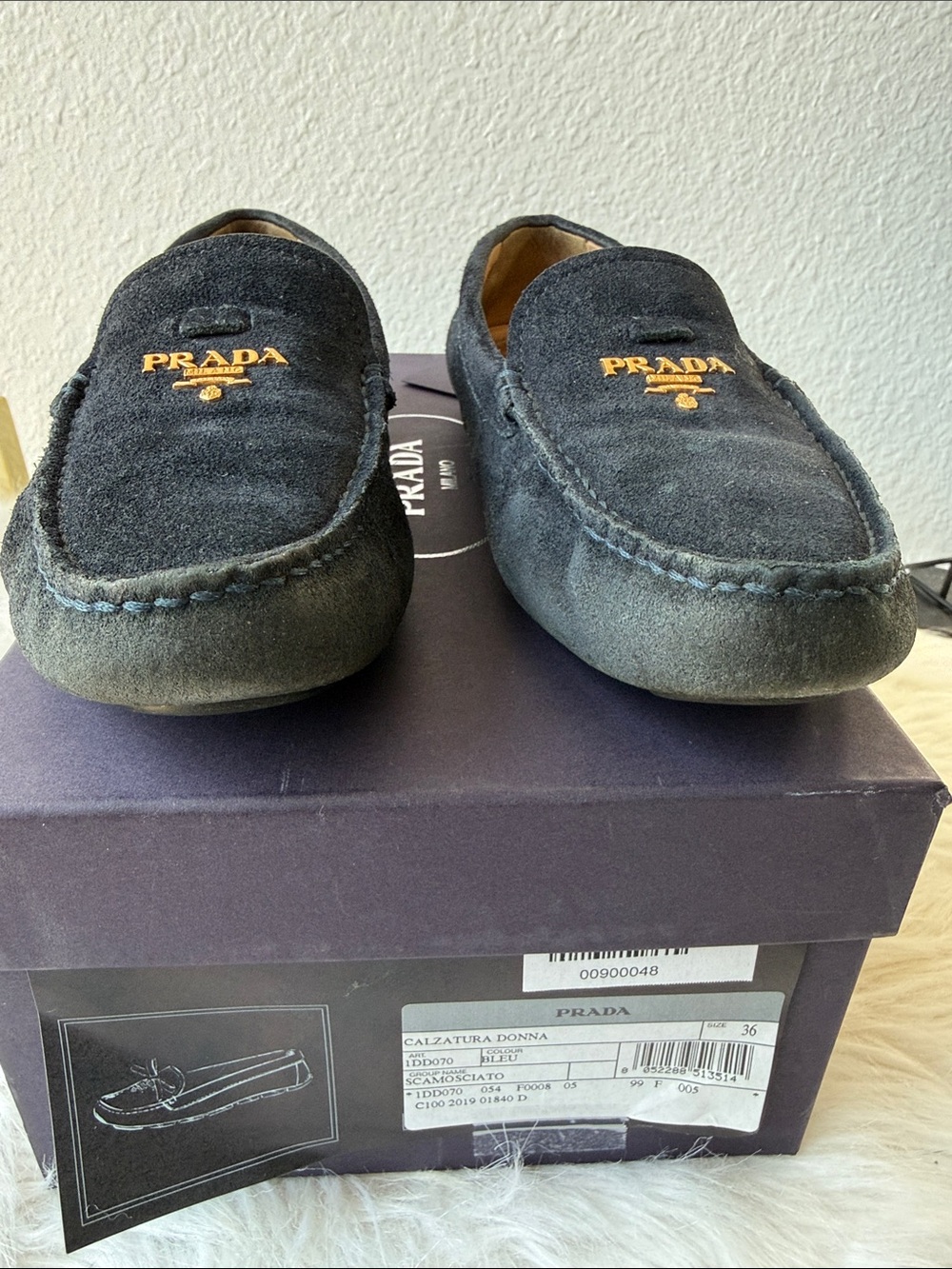 Prada Dark Navy Suede Women's Slip-On Loafers with Gold Logo - Picture 9 of 11